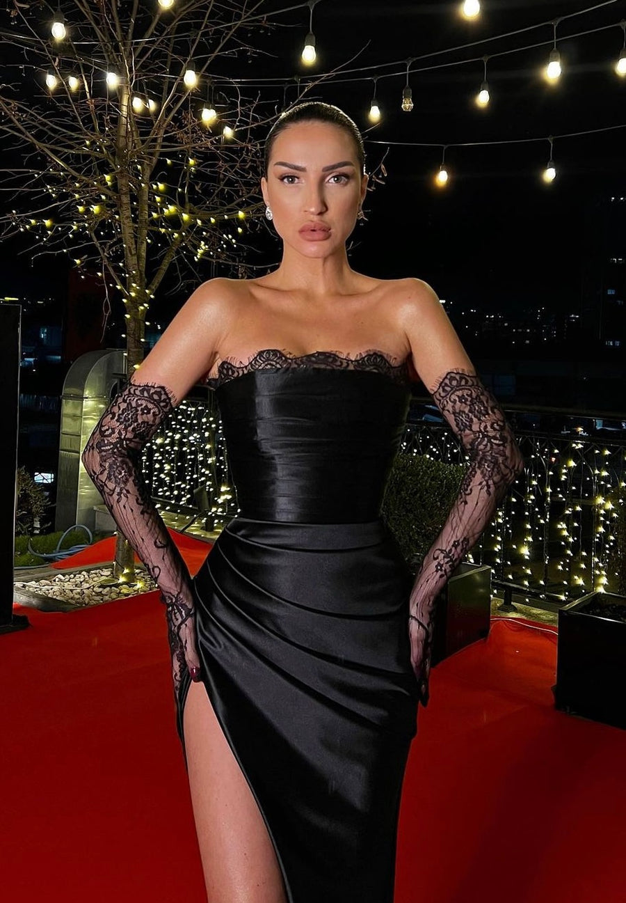 LS PLEATED CORSET GOWN WITH LACE TRIM & GLOVES LS PLEATED CORSET GOWN WITH LACE TRIM & GLOVES