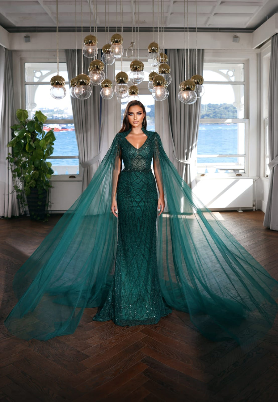 MODESSA BEADED GOWN WITH TULLE CAPE