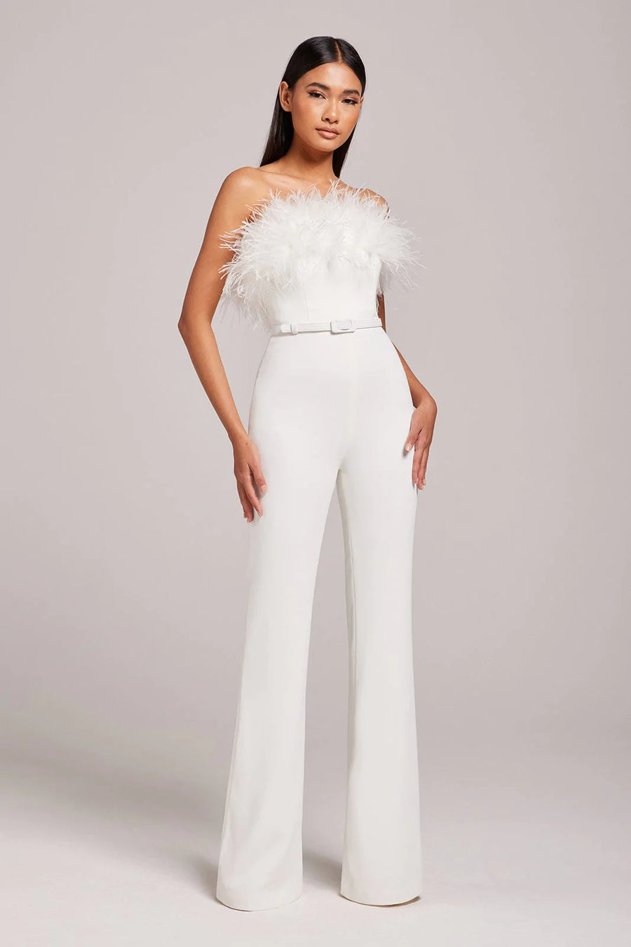 NADINE MERABI COLETTE JUMPSUIT FEATHER TRIM1