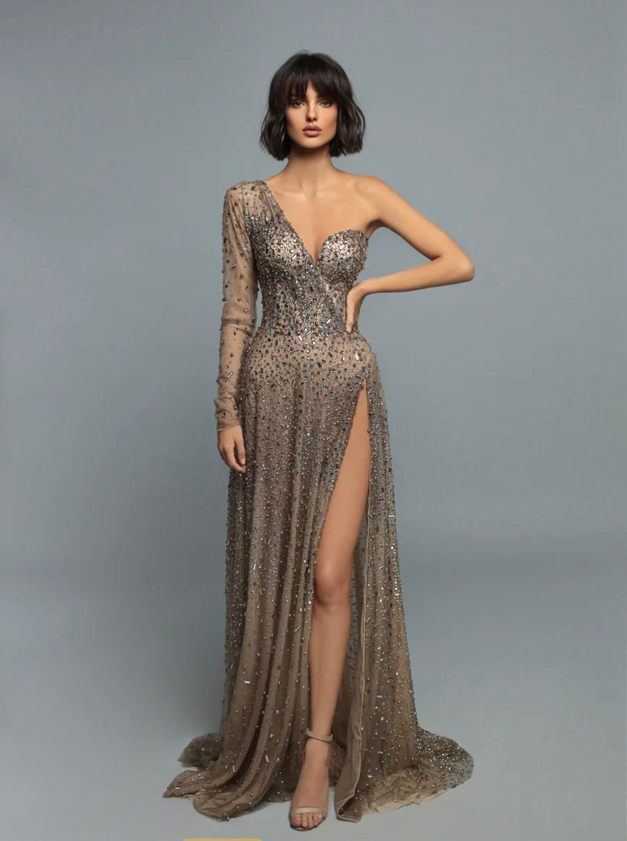 REGINA BEADED GOWN WITH SLEEVE FEATURE