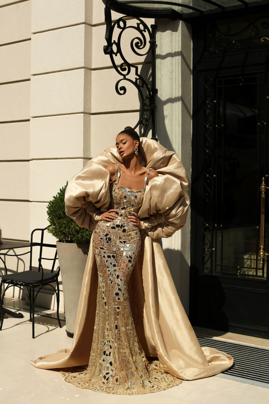 GOLD BEADED LONG MIRROR DRESS