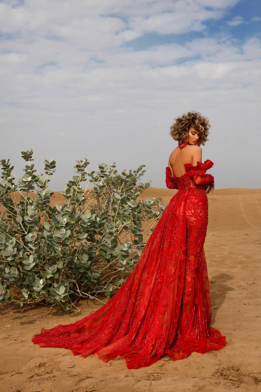 ALBINA DYLA RED BEADED LACE DRESS WITH SIDE-SKIRT ALBINA DYLA RED BEADED LACE DRESS WITH SIDE-SKIRT