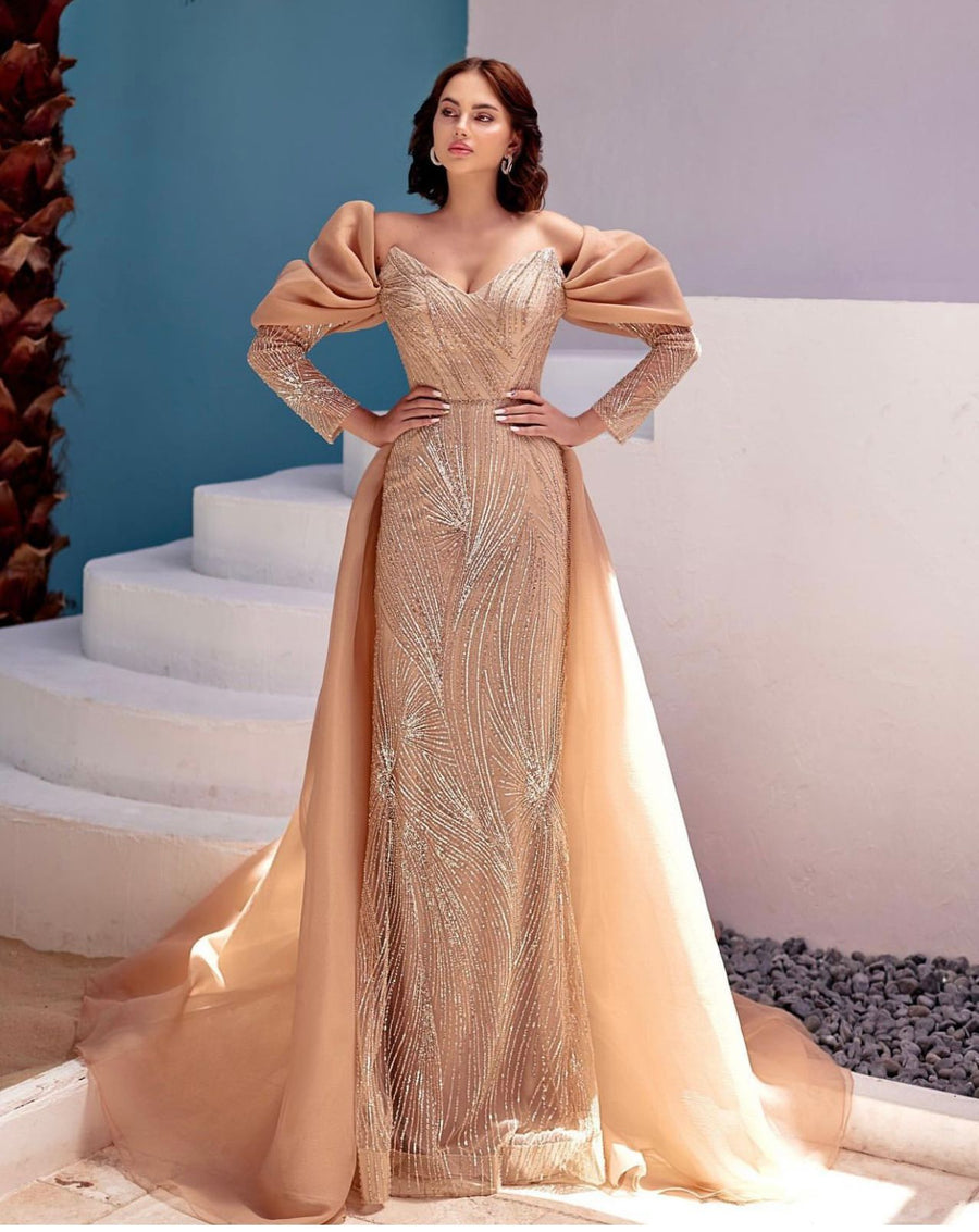 BEADED GOWN WITH OVERSKIRT & SLEEVE DRAPING