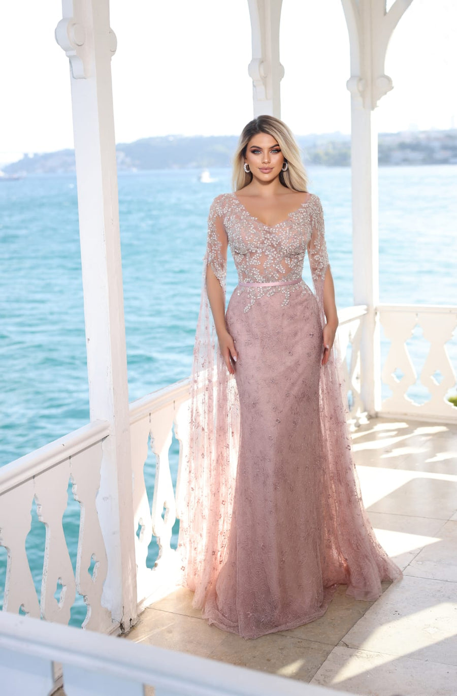 MODESSA BEADED LACE GOWN WITH LONG LACE SLEEVE FEATURE