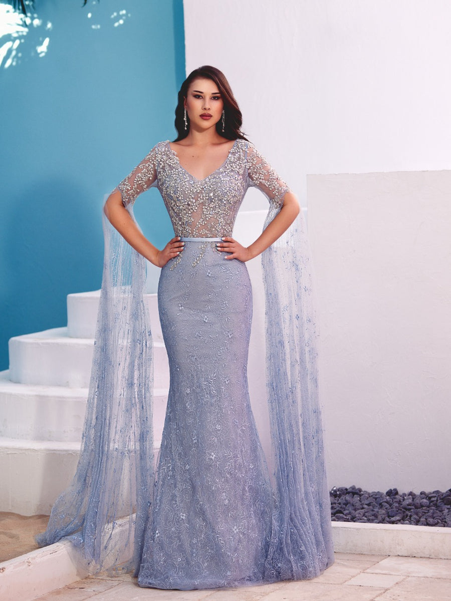 MODESSA BEADED LACE GOWN WITH LONG LACE SLEEVE FEATURE