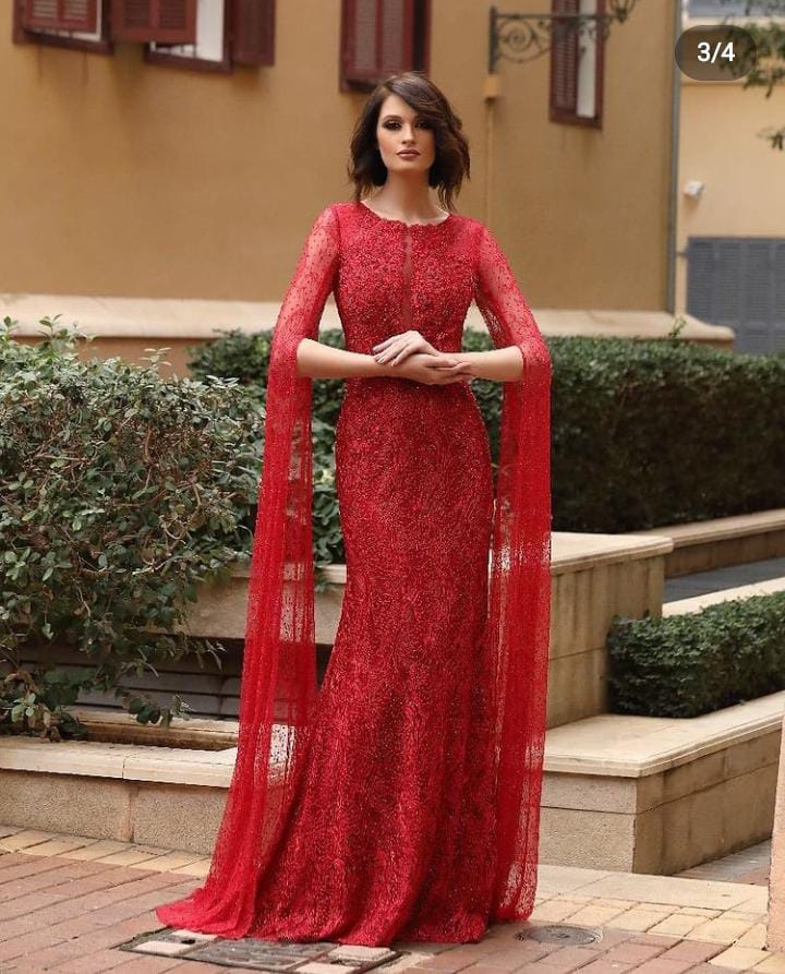 MODESSA RED WINE BEADED LACE GOWN WITH LONG DRAPED SLEEVES
