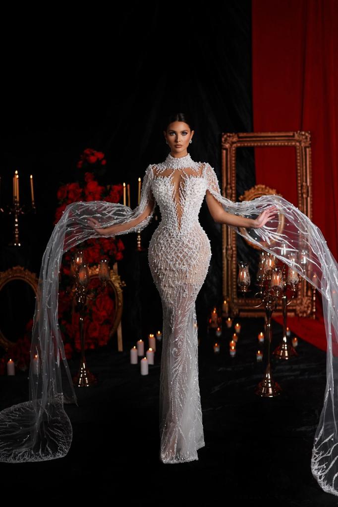 PEARL BEADED CORSET GOWN WITH CAPE SLEEVES