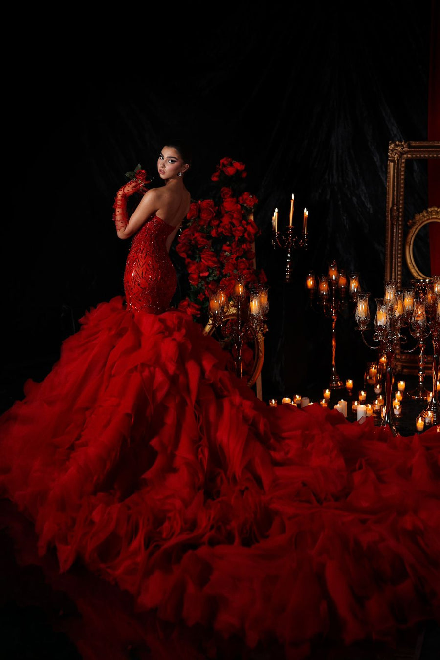 RED BEADED DRESS WITH LONG TULLE RUFFLE SKIRT