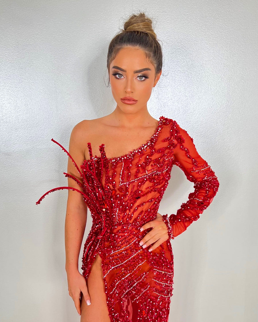 ALBINA DYLA UNIQUE RED DRESS SIDE SHOULDER ONE-SLEEVE ALBINA DYLA UNIQUE RED DRESS SIDE SHOULDER ONE-SLEEVE