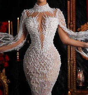 PEARL BEADED CORSET GOWN WITH CAPE SLEEVES