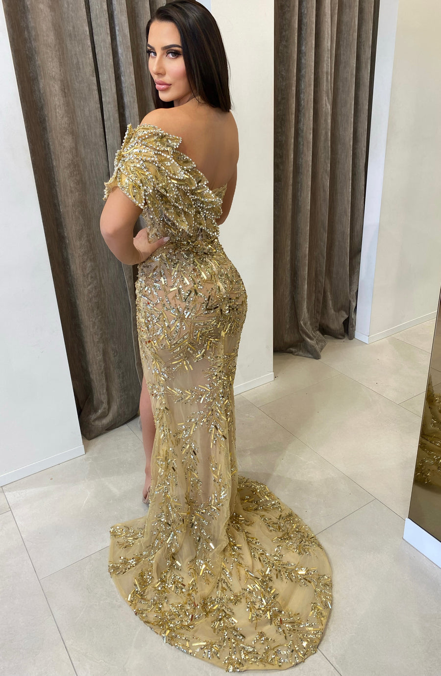 GOLD BEADED WITH ONE SLEEVE FEATURE