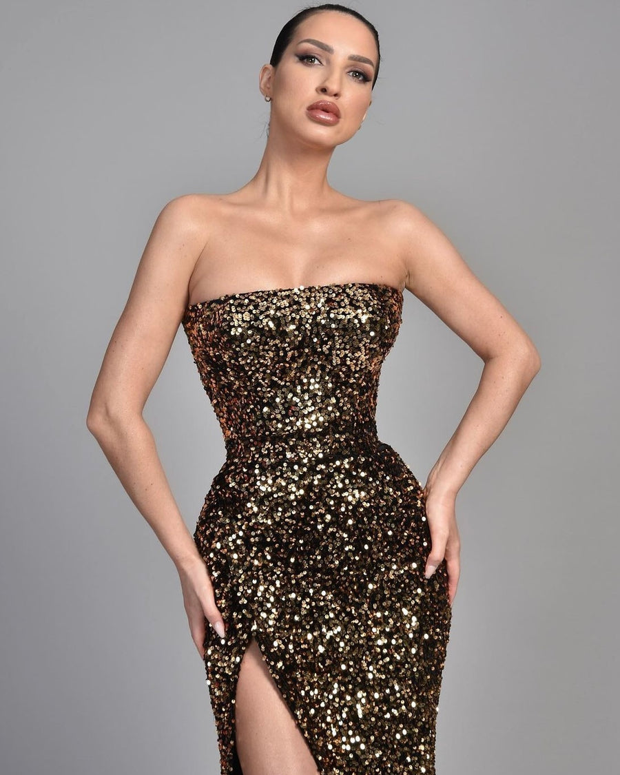SEQUINS STRAIGHT BUST LONG SIDE SPLIT - Main Image