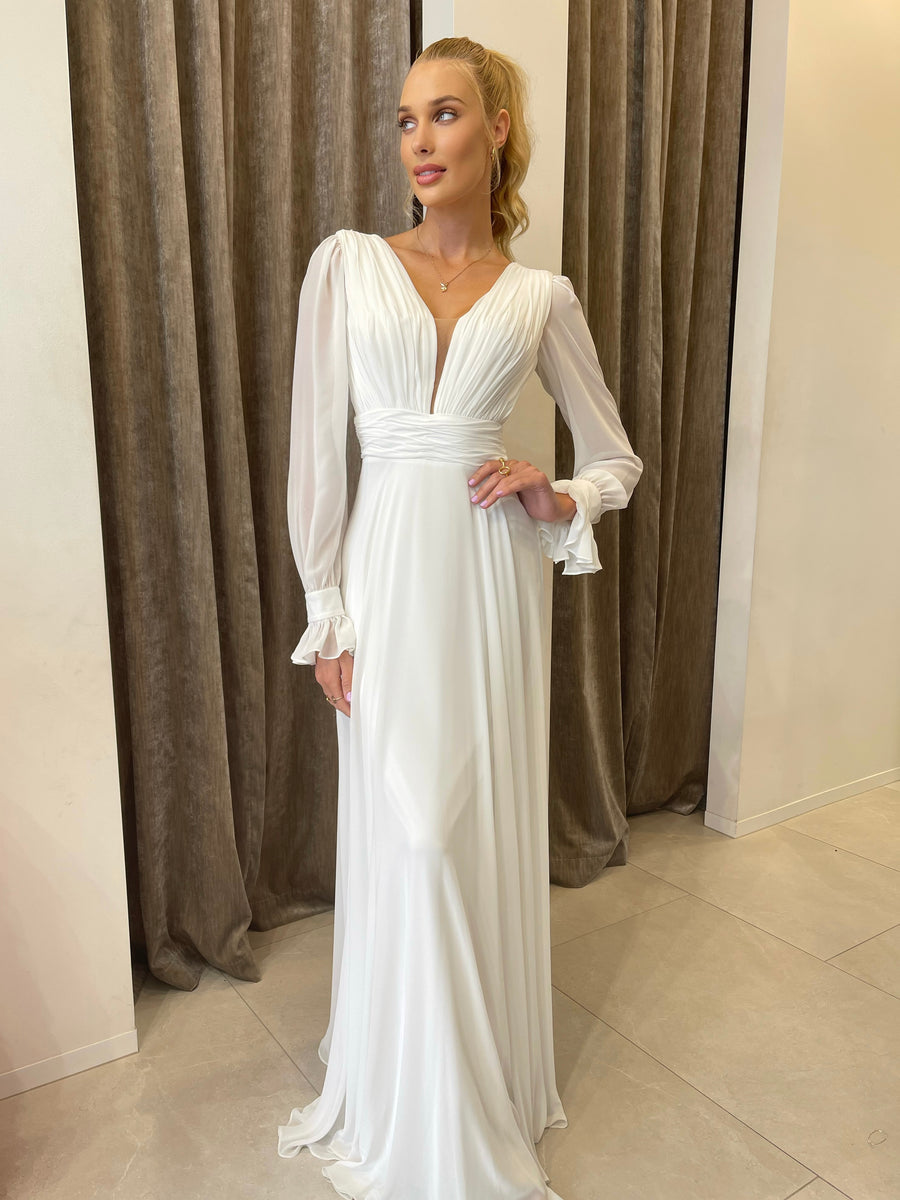 chiffon maxi dress australia Elaine Chiffon Beaded Maxi Dress - Sky Blue