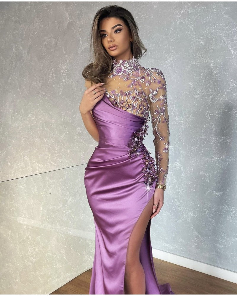 BEADED TOP ONE SLEEVE SATIN GOWN